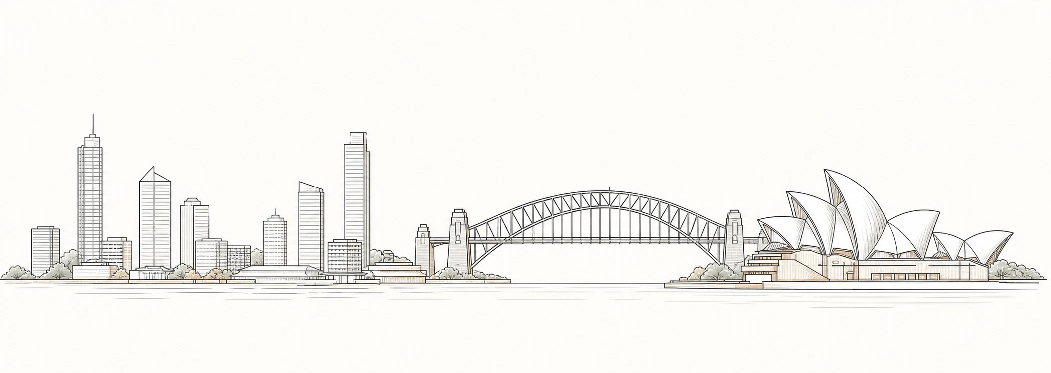 A fine-line panorama of the Sydney skyline, Harbour Bridge and Opera House.